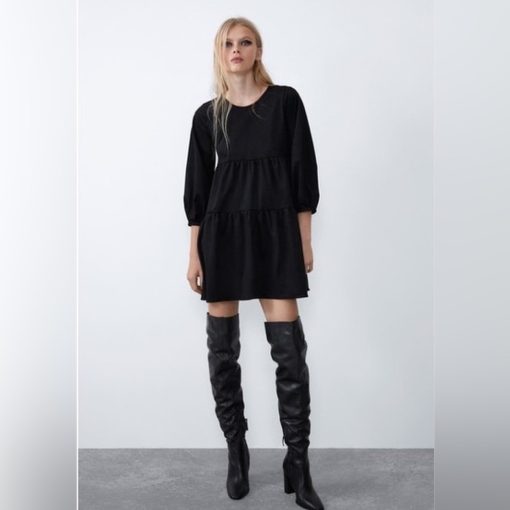 Zara Faux Suede Tiered 3/4 Sleeve Trapeze Swing Dress Black Pockets